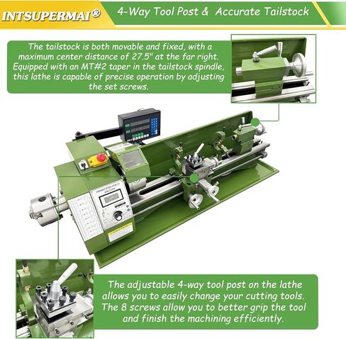INTSUPERMAI Mini Metal Lathe 8"*29.5" Dual Chuck Double Head Metal Lathe Inch Thread Auto Feed MT3/MT2 Tapers High Accuracy With Grating Ruler Digital Readout 110V in Kuwait