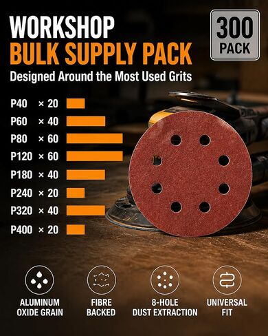 300PCS 5" Hook & Loop Sanding Discs, 8 Hole, P40-P400 Assorted | random orbital sander pads, wood metal automotive finishing, workshop sanding supply kit in Kuwait