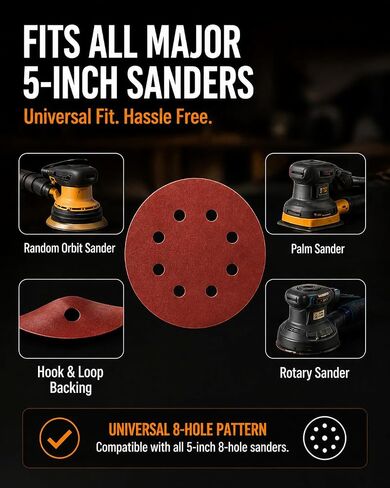 300PCS 5" Hook & Loop Sanding Discs, 8 Hole, P40-P400 Assorted | random orbital sander pads, wood metal automotive finishing, workshop sanding supply kit in Kuwait