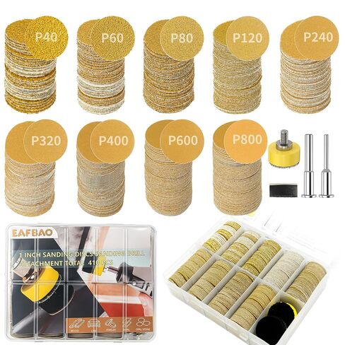 410 PCS 1 Inch Sanding Disc Hook and Loop Wet Dry Sandpaper Polishing Kits Sanding Pads with 1/4" 1/8" Shank Assorted Grit 40-800 for Dremel Rotary Tool Accessories for Wood Metal Jewelry Resin in Kuwait