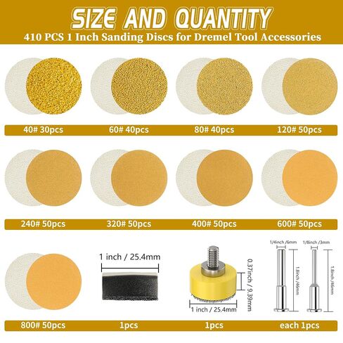 410 PCS 1 Inch Sanding Disc Hook and Loop Wet Dry Sandpaper Polishing Kits Sanding Pads with 1/4" 1/8" Shank Assorted Grit 40-800 for Dremel Rotary Tool Accessories for Wood Metal Jewelry Resin in Kuwait