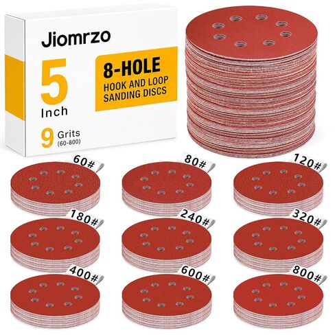 5 Inch Hook and Loop Sanding Discs, 50 Pack 8 Hole, 9 Mixed Grits | 60 80 120 180 240 320 400 600 800 Grit Hook and Loop Sandpaper for Random Orbital Sander in Kuwait