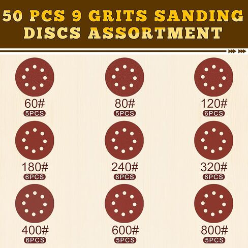 5 Inch Hook and Loop Sanding Discs, 50 Pack 8 Hole, 9 Mixed Grits | 60 80 120 180 240 320 400 600 800 Grit Hook and Loop Sandpaper for Random Orbital Sander in Kuwait