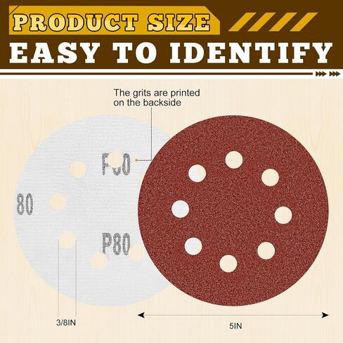 5 Inch Hook and Loop Sanding Discs, 50 Pack 8 Hole, 9 Mixed Grits | 60 80 120 180 240 320 400 600 800 Grit Hook and Loop Sandpaper for Random Orbital Sander in Kuwait