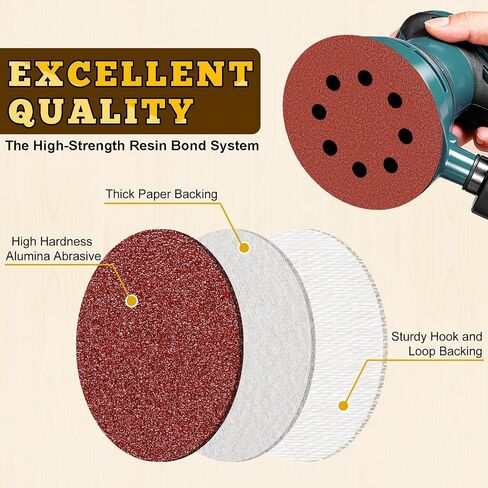 5 Inch Hook and Loop Sanding Discs, 50 Pack 8 Hole, 9 Mixed Grits | 60 80 120 180 240 320 400 600 800 Grit Hook and Loop Sandpaper for Random Orbital Sander in Kuwait