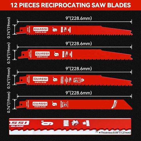 12 Pack 9 inch Reciprocating Saw Blade Set, Various TPI Bi-Metal Sawzall Blades for Wood, Metal and PVC Cutting, Durable Sawzall Blades for Multi-Material Demolition and Cutting, for Diablo in Kuwait