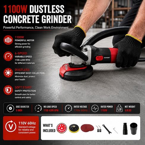 1100W Dustless Concrete Grinder, 5-Inch Surface Grinding Tool with Vacuum Dust Collection, 6-Speed Variable Control (1100-4200 RPM), Diamond Cup Wheel for Concrete, Masonry & Coating Removal in Kuwait