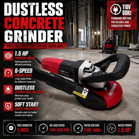 1100W Dustless Concrete Grinder, 5-Inch Surface Grinding Tool with Vacuum Dust Collection, 6-Speed Variable Control (1100-4200 RPM), Diamond Cup Wheel for Concrete, Masonry & Coating Removal in Kuwait