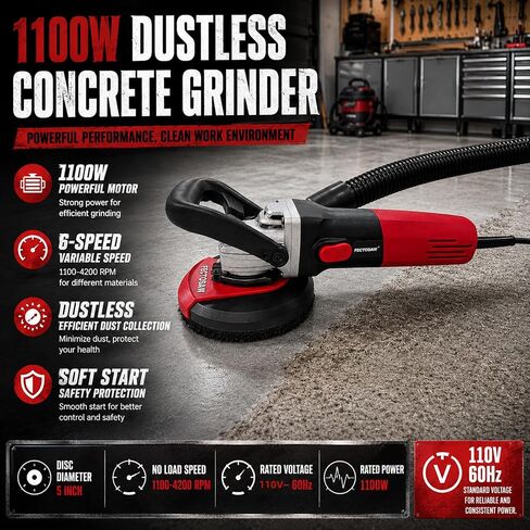 1100W Dustless Concrete Grinder, 5-Inch Surface Grinding Tool with Vacuum Dust Collection, 6-Speed Variable Control (1100-4200 RPM), Diamond Cup Wheel for Concrete, Masonry & Coating Removal in Kuwait