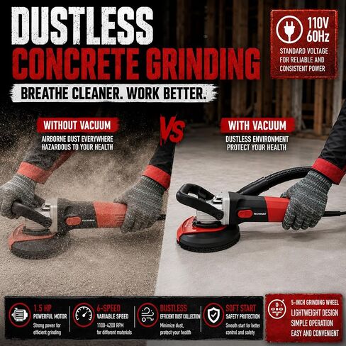 1100W Dustless Concrete Grinder, 5-Inch Surface Grinding Tool with Vacuum Dust Collection, 6-Speed Variable Control (1100-4200 RPM), Diamond Cup Wheel for Concrete, Masonry & Coating Removal in Kuwait