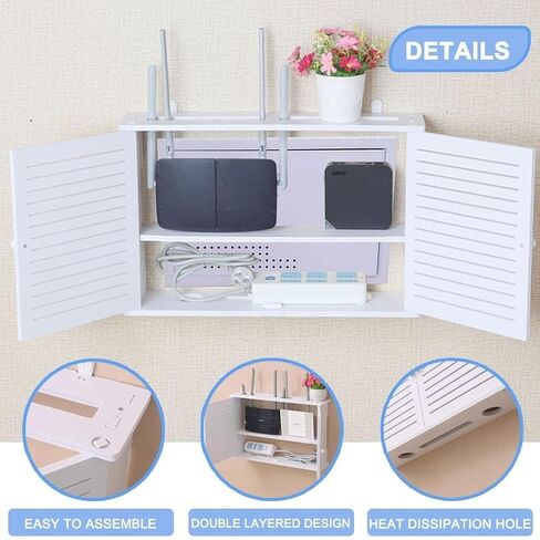 Double Door Shutter WiFi Storage Box,White Floating Shelves, Shutter WiFi Storage Box, Router Modem Wall Mount, Wall Mount WiFi Router Storage Box in Saudi Arabia