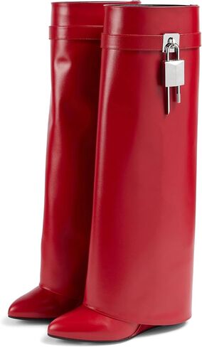 Arqa Knee High Boots Womens Wedge High Heels Shark Boots Fold Over Pull-on Pointed Toe Tall Fashion Boots for Women in Kuwait