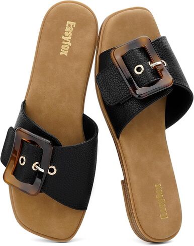 Easyfox Women's Raffia & Leather Slides Square Toe Buckle Flat Sandals | Woven & Faux Leather Strap, Adjustable Amber Buckle, Soft Padded Insole, Versatile Beach Footwear Summer Slide Sandals 2026 in Kuwait