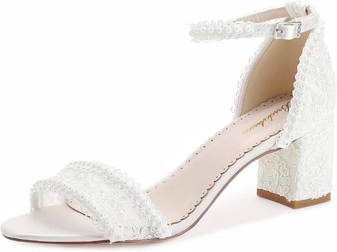 1581 Women’s Open Toe Wedding Shoes 2.56 Inch Block Heel Lace Pearl Strap Ankle Strap Bridal Heels in Kuwait
