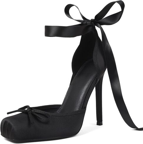 Celbreez Ballet Heels Closed Toe Heels for Women Satin Ballerina Bow Heel Stiletto Lace Up Nude High Heel Strappy Cute Women's Pumps Sexy Party Shoes Wedding Dress Mary Jane Shoes in Kuwait