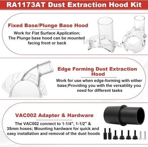 RA1173AT Dust Extraction Hood Kit Fit for Bosch 1617PK 1617EVSPK Routers | Dust Hood Kit for 1-1/4" 1-1/2" & 35mm Hose, Fixed/Plunge Base Hood, RA1175 Edge Forming Dust Hood, VAC002 Adapter & Hardware in Kuwait