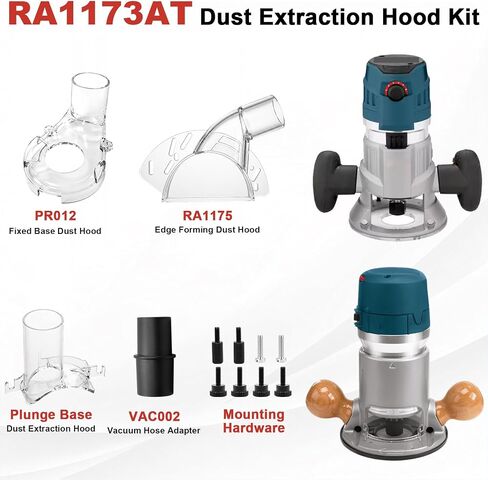RA1173AT Dust Extraction Hood Kit Fit for Bosch 1617PK 1617EVSPK Routers | Dust Hood Kit for 1-1/4" 1-1/2" & 35mm Hose, Fixed/Plunge Base Hood, RA1175 Edge Forming Dust Hood, VAC002 Adapter & Hardware in Kuwait