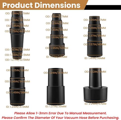 6Pcs Hose Reducer Adapter Set, Multi-Layer Converter Attachment | 2-1/2'' to 1-1/4'', 1-1/4'' to 1-3/8'' to 1-1/2'', For Wet Dry Vacuum Cleaner, 32mm to 35mm in Kuwait