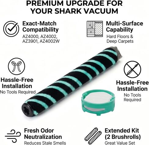 2pcs AZ4002 Roller Brush for Shark PowerDetect Upright Vacuum AZ4000 AZ3901 | AZ4000C AZ4002W and part #468FP4000; includes 2 brushrolls, 2 odor neutralizer cartridges & 1 cleaning tool for upkeep in Kuwait