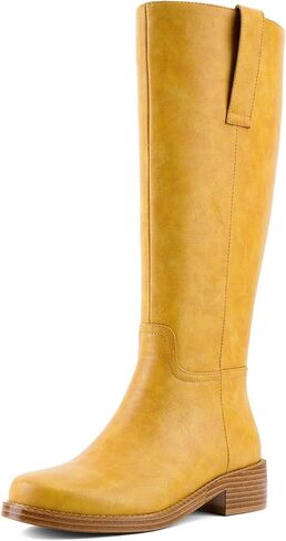 Comfortable Knee High Boots for Women Square Toe Low Chunky Heel Side Zip Tall Boots for Work Casual Daily Wear in Kuwait