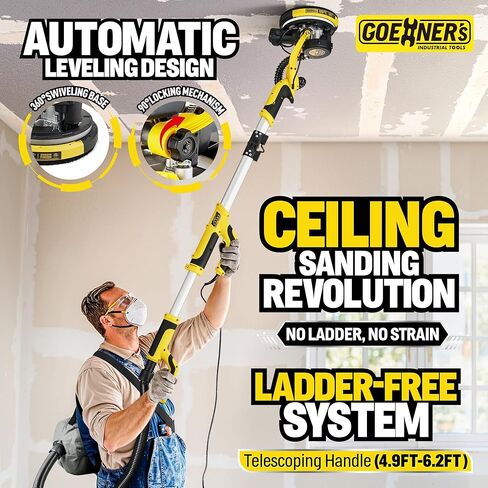 Drywall Sander with Vacuum Dust Collection, 99% Dust-Free Electric Pole Sander for Drywall, 6A 780W 7 Variable Speed 900–1800 RPM, Telescoping Handle, LED Light, 16FT Power Cord, for Popcorn Ceiling in Kuwait