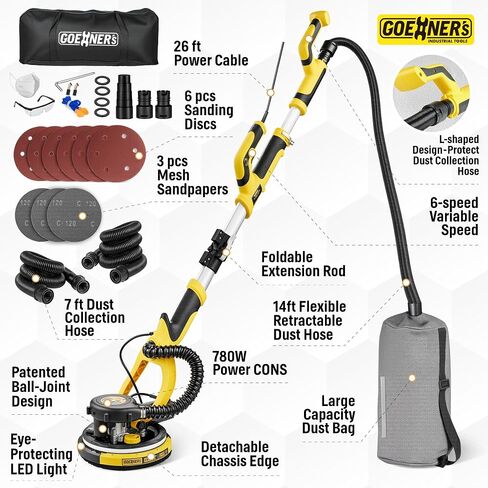 Drywall Sander with Vacuum Dust Collection, 99% Dust-Free Electric Pole Sander for Drywall, 6A 780W 7 Variable Speed 900–1800 RPM, Telescoping Handle, LED Light, 16FT Power Cord, for Popcorn Ceiling in Kuwait