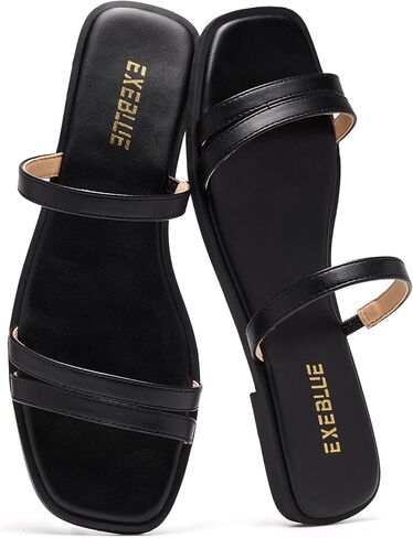 Women's Square Toe Slide Sandals, Two Strap Flat Slip On Sandals Casual Open Toe Summer Dress Slippers in Kuwait