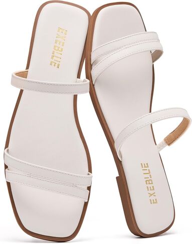 Women's Square Toe Slide Sandals, Two Strap Flat Slip On Sandals Casual Open Toe Summer Dress Slippers in Kuwait