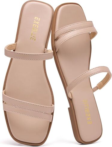 Women's Square Toe Slide Sandals, Two Strap Flat Slip On Sandals Casual Open Toe Summer Dress Slippers in Kuwait