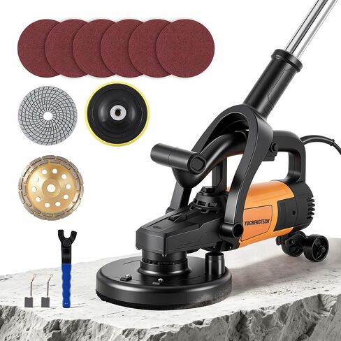 YUCHENGTECH 7 Inch Concrete Grinder Set with Extendable Rod 3800W Concrete Floor Grinder with 6 Speed Control Dust Extraction Shroud Auxiliary Wheels for Concrete Cement Marble in Kuwait