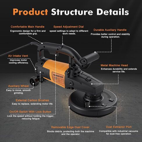 YUCHENGTECH 7 Inch Concrete Grinder Set with Extendable Rod 3800W Concrete Floor Grinder with 6 Speed Control Dust Extraction Shroud Auxiliary Wheels for Concrete Cement Marble in Kuwait