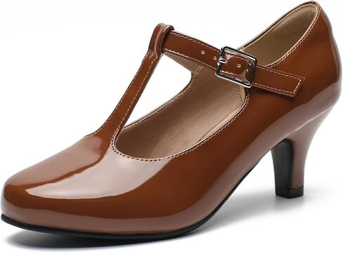 Women's T-Strap Mary Jane Character Shoes, Block Heel Pumps | Closed Round Toe, Adjustable Buckle, Mid Block Heel, Rubber Sole, Matte PU, Patent-look PU and Suede-look Color Options in Kuwait