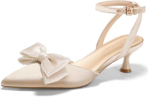 Coutgo Womens Satin Kitten Low Heels Bow Pearl Closed Pointed Toe Pumps Ankle Strap Wedding Dress Shoes in Kuwait