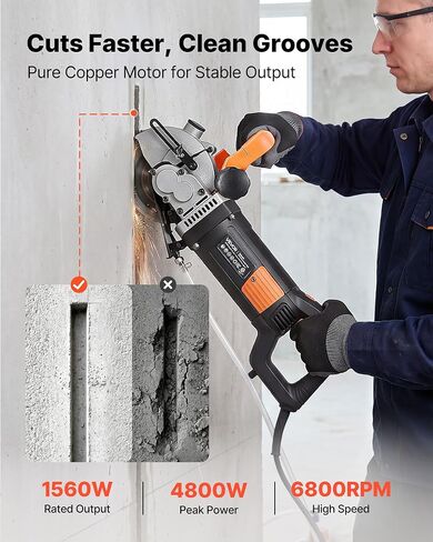 VEVOR Wall Chaser, 4800W Electric Wall Groove Cutting Machine, 6800 RPM Max Speed, Concrete Slotting Cutter with Guide Line, 5 pcs Blades, Adjustable Handle for Cutting Grooves in Brick, Concrete in Kuwait