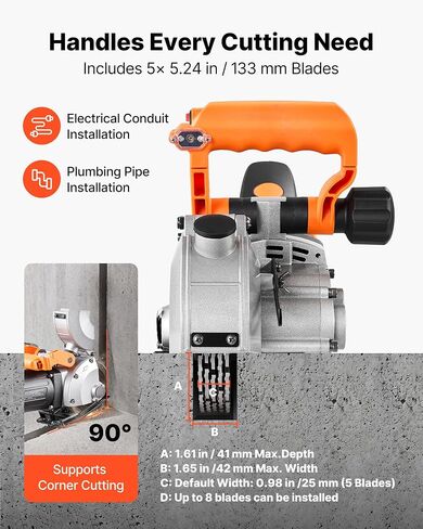 VEVOR Wall Chaser, 4800W Electric Wall Groove Cutting Machine, 6800 RPM Max Speed, Concrete Slotting Cutter with Guide Line, 5 pcs Blades, Adjustable Handle for Cutting Grooves in Brick, Concrete in Kuwait