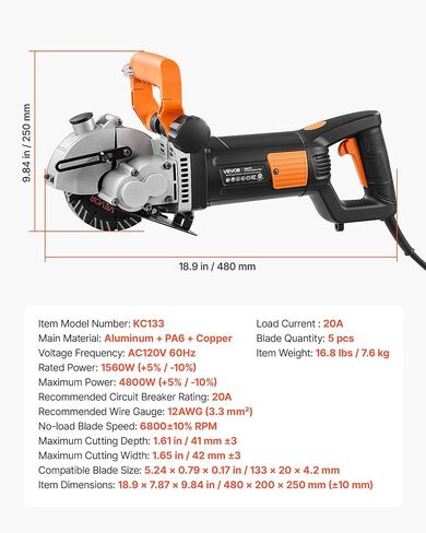 VEVOR Wall Chaser, 4800W Electric Wall Groove Cutting Machine, 6800 RPM Max Speed, Concrete Slotting Cutter with Guide Line, 5 pcs Blades, Adjustable Handle for Cutting Grooves in Brick, Concrete in Kuwait
