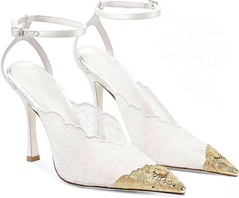 Agodor Lace Wedding Pumps for Women Sparkly Metal Pointed Toe Slingback Stiletto High Heels Pumps for Women Mesh Ankle Strap Sexy Wedding Party Dress Bridal Shoes in Kuwait