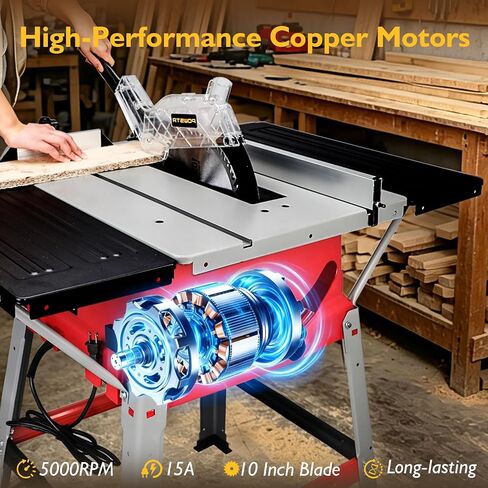 Table Saw with Stand 10-Inch, 15A 5000 RPM Portable Jobsite Table Saw, 0-45° Bevel & 90° Crosscut For 2-9/16" To 3-11/32" Max Cutting Depth, Angle Stop & Push Stick for Woodworking & DIY in Kuwait