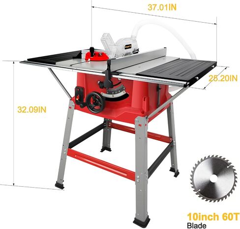 Table Saw with Stand 10-Inch, 15A 5000 RPM Portable Jobsite Table Saw, 0-45° Bevel & 90° Crosscut For 2-9/16" To 3-11/32" Max Cutting Depth, Angle Stop & Push Stick for Woodworking & DIY in Kuwait
