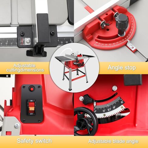 Table Saw with Stand 10-Inch, 15A 5000 RPM Portable Jobsite Table Saw, 0-45° Bevel & 90° Crosscut For 2-9/16" To 3-11/32" Max Cutting Depth, Angle Stop & Push Stick for Woodworking & DIY in Kuwait