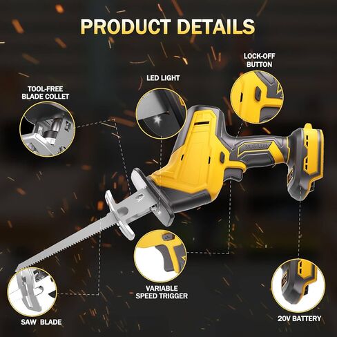 Cordless Reciprocating Saw Compatible with DeWalt 20V Batter 2 Variable Speed Cut, 0-3000SPM Electric Saw Tool-free Blade Change 4 Blades for Wood/Metal/PVC Tree Cutting (NO Battery) in Kuwait