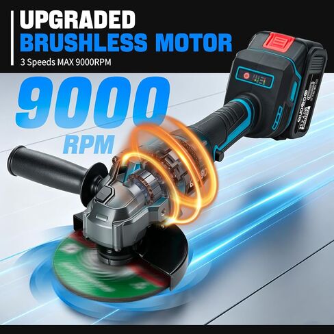 Cordless Angle Grinder, 4-1/2 Inch Power Brushless, 2 x 4.0Ah Battery with Charger, Brushless Grinders 9000 RPM, Adjustable 3-speed for Metal Cutting, Grinding, Polishing, Rust Removal in Kuwait