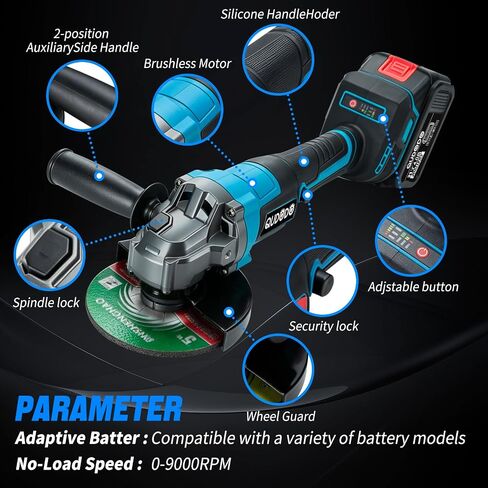 Cordless Angle Grinder, 4-1/2 Inch Power Brushless, 2 x 4.0Ah Battery with Charger, Brushless Grinders 9000 RPM, Adjustable 3-speed for Metal Cutting, Grinding, Polishing, Rust Removal in Kuwait