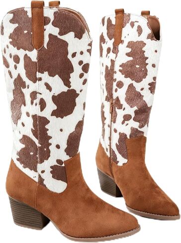Women’s Western Cowboy Boots – Classic Cowgirl Boots with Brown Embroidery, Pointed Toe, Block Heel, Knee High Rodeo Boots for Country Fashion in Kuwait