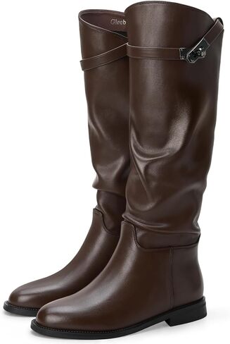Women's Knee High Boots Round Toe Low Heel Pull-On Riding Boots | Slouchy Tall Boots, Faux Leather, 0.94in Chunky Heel Boots, Fashion Equestrian Boots with Buckle Strap, Women's Dress Boots in Kuwait