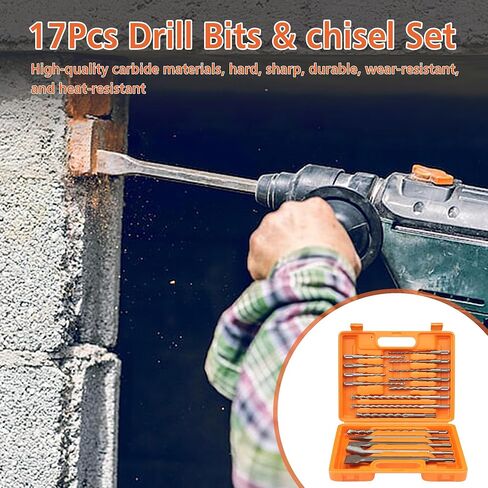 BeHappy 17Pcs SDS Plus Rotary Hammer Drill Bit Set,Concrete Drill Bit Kit with Carbide-Tipped Masonry Drill Bits and Chisels for Concrete, Stone, Brick, with Storage Case in Kuwait