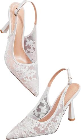 BEAUDRM Women's Lace Slingback Sheer Mesh Stiletto High Heels Pointed Closed Toe Ankle Strap Wedding Party Dress Shoes in Kuwait