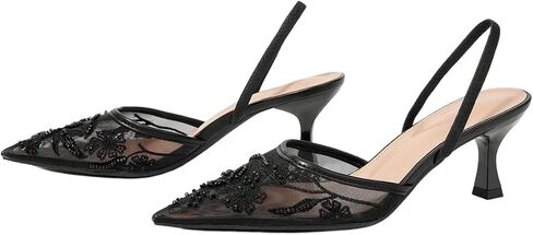 GORGLITTER Women's Mesh Slingback Kitten Heels Dressy Floral Beaded Pointed Toe Wedding Party Prom Dress Pumps Shoes Trendy in Kuwait