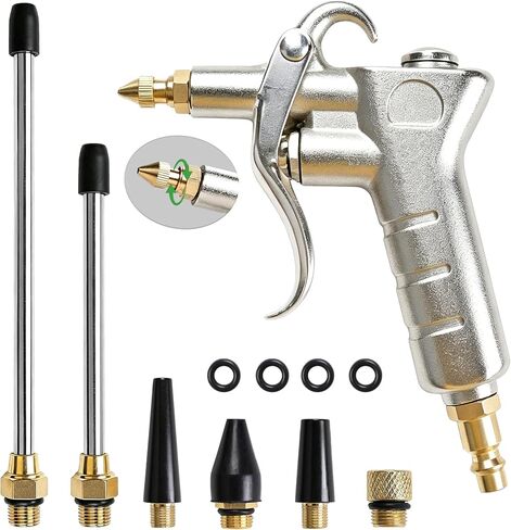 Industrial Air Blow Gun Kit with Adjustable Brass Nozzle, 2 Steel Extension Wands, Pneumatic Air Compressor Accessory for Dust Removal, Car Cleaning & Blower Cleaning in Kuwait