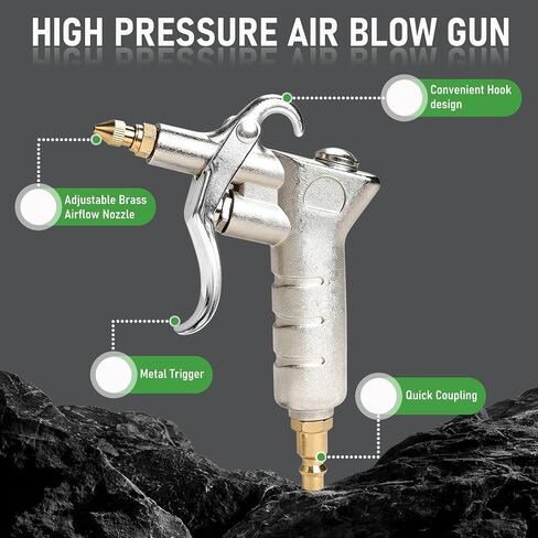 Industrial Air Blow Gun Kit with Adjustable Brass Nozzle, 2 Steel Extension Wands, Pneumatic Air Compressor Accessory for Dust Removal, Car Cleaning & Blower Cleaning in Kuwait